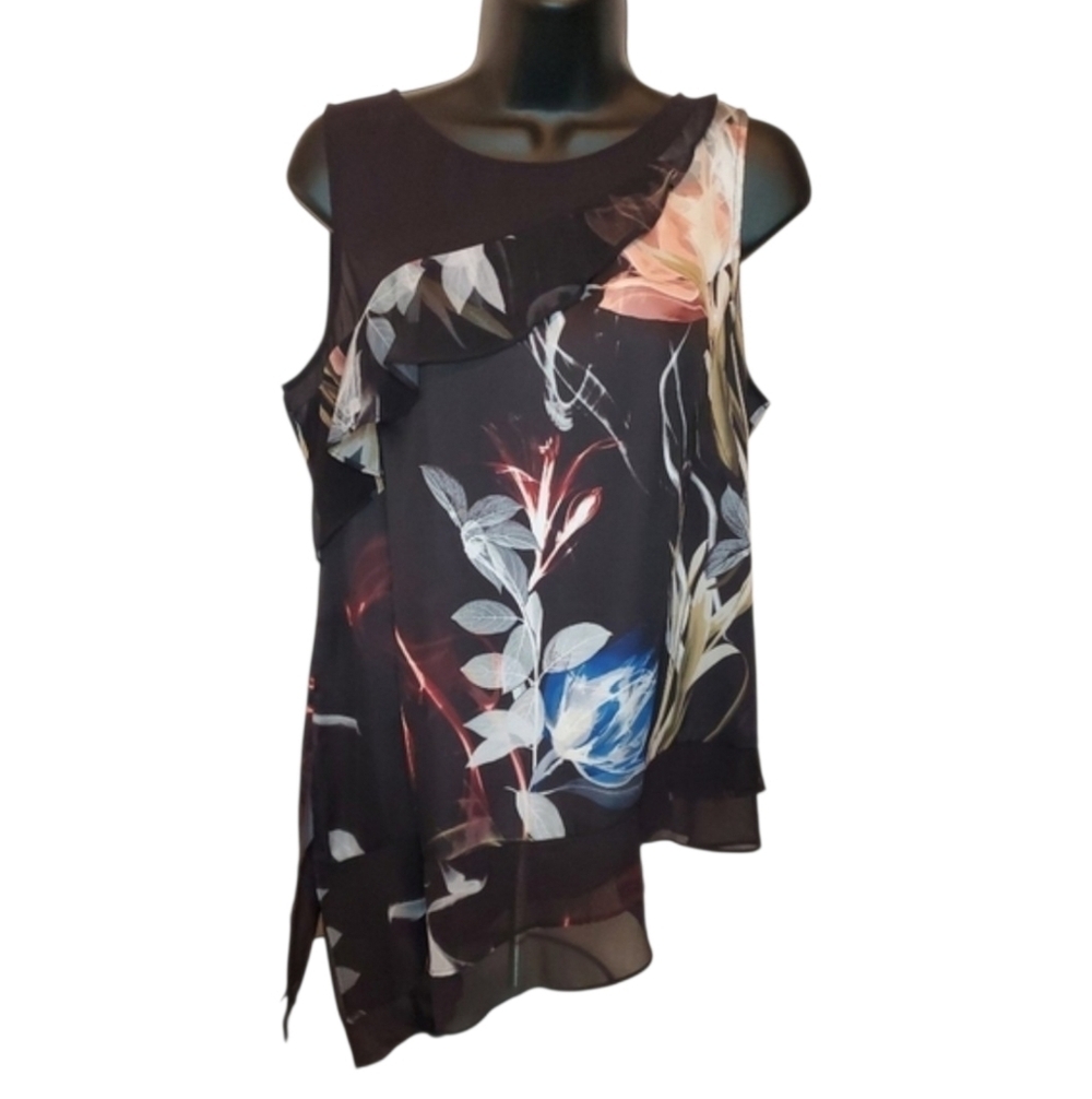 White House Black Market Sleeveless Blk Floral Assymetrical Ruffle Tunic Size M